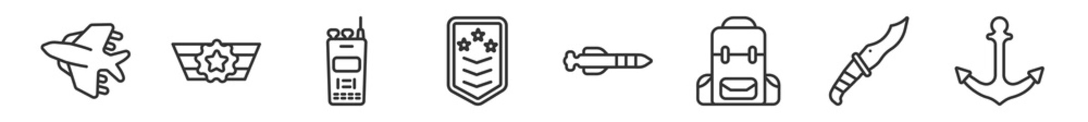outline set of army line icons. linear vector icons such as fighter plane, in, two way radio, chevrons, torpedo, anchor. vector illustration.
