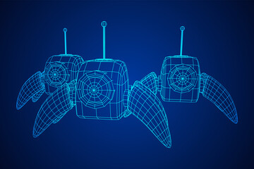 Spider robot with radar antenna. Nanobot, nanotechnology medical concept. Wireframe low poly mesh vector illustration