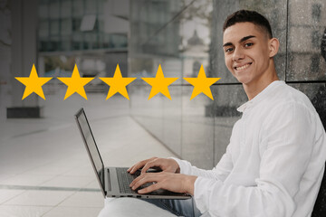 Customer service concept. Man with 5 stars score on his phone. Online ranking system.