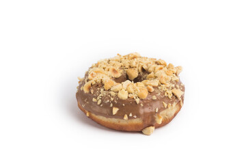 Doughnuts chocolate glazed and nuts covered in composition at studio shot