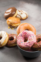 Various doughnuts in composition at studio shot