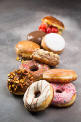 Various doughnuts in composition at studio shot