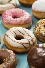 Various doughnuts in composition at studio shot