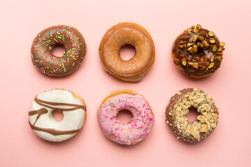 Various doughnuts in composition at studio shot