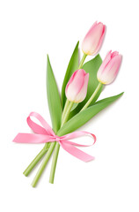 Bouquet of  realistic pink tulips with pink bow isolated on white. Vector illustration.	
