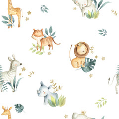 Safari Animals Watercolor Baby Nursery Seamless Pattern White - obrazy, fototapety, plakaty