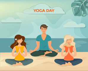 Young people in lotus position on the beach. They do yoga and meditate. Healthy lifestyle, yoga, sports and recreation at sea, ocean. Bright flat vector, cartoon. with girls and a guy at the resort.