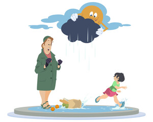 Woman dropped bag of food into puddle. Illustration for internet and mobile website.