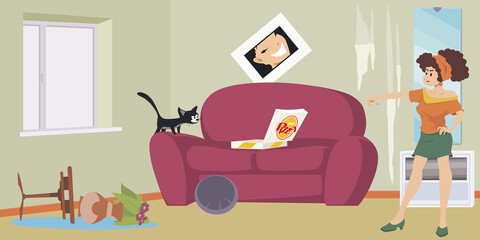 Girl scolds mischievous kitty. Illustration for internet and mobile website.