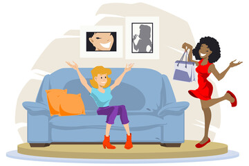 Successful shopping. Girl shows off purchase. Two cheerful girlfriend. Illustration for internet and mobile website.