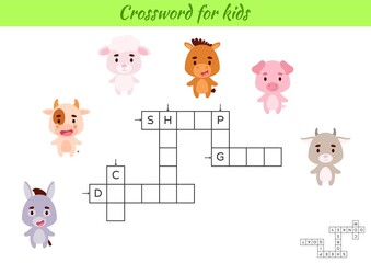 Obraz na płótnie Canvas Crossword for kids with pictures of animals. Educational game for study English language and words. Children activity printable worksheet. Includes answers. Vector stock illustration