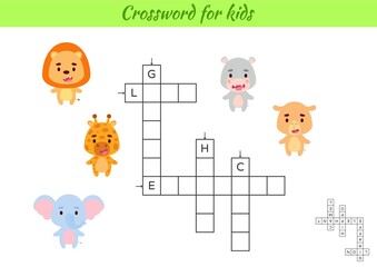 Obraz na płótnie Canvas Crossword for kids with pictures of animals. Educational game for study English language and words. Children activity printable worksheet. Includes answers. Vector stock illustration
