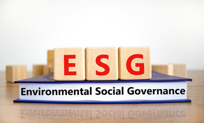 ESG environmental social governance symbol. Wooden cubes on book with words ESG environmental social governance. White background. Business and ESG environmental social governance concept. Copy space.