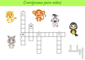 Obraz na płótnie Canvas Crossword for kids in Spanish with pictures of animals. Educational game for study Spanish language and words. Children activity printable worksheet. Includes answers. Vector stock illustration
