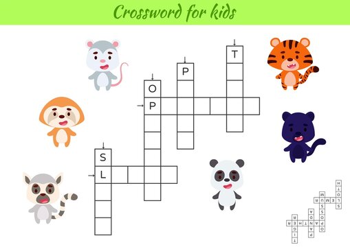 Crossword for kids with pictures of animals. Educational game for study English language and words. Children activity printable worksheet. Includes answers. Vector stock illustration