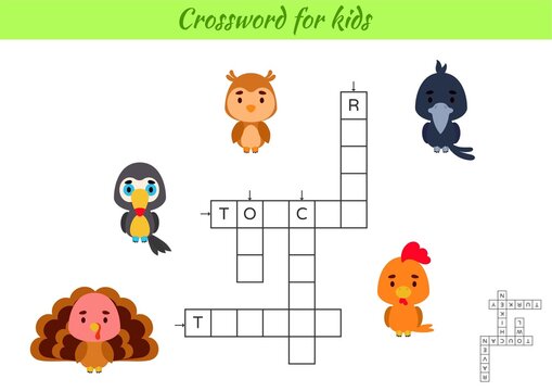 Crossword for kids with pictures of birds. Educational game for study English language and words. Children activity printable worksheet. Includes answers. Vector stock illustration