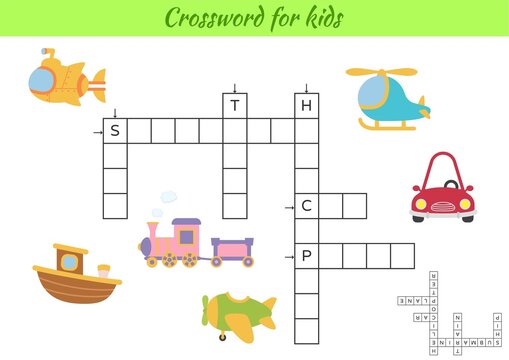 Crossword for kids with pictures of transport. Educational game for study English language and words. Children activity printable worksheet. Includes answers. Vector stock illustration