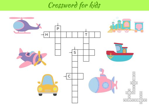 Crossword for kids with pictures of transport. Educational game for study English language and words. Children activity printable worksheet. Includes answers. Vector stock illustration