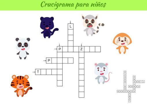 Crossword for kids in Spanish with pictures of animals. Educational game for study Spanish language and words. Children activity printable worksheet. Includes answers. Vector stock illustration