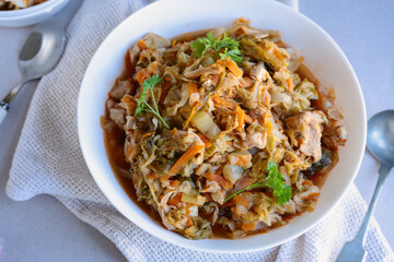 cabbage stew. A quick and tasty dinner of cabbage and chicken breasts.