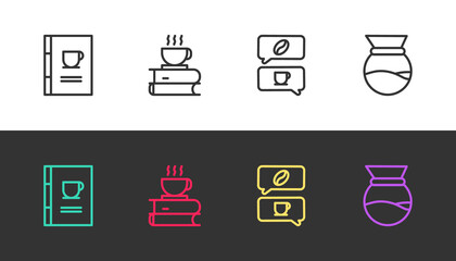 Set line Coffee book, cup and, conversation and Pour over coffee maker on black and white. Vector