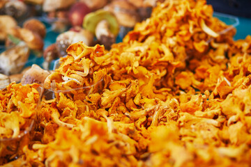 Fresh ripe organic girolle mushrooms on farmer market in Paris, France