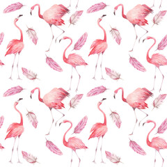 Watercolor seamless pattern with exotic flamingo. Summer decoration print for wrapping, wallpaper, fabric