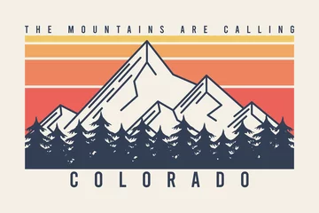 Foto op Canvas Colorado t-shirt design with mountains and fir trees or forest. Typography graphics for tee shirt with mountain in line style, color stripes, trees and slogan. Apparel print. Vector illustration. © Roman
