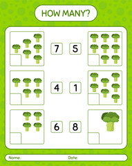 How many counting game with broccoli. worksheet for preschool kids, kids activity sheet, printable worksheet