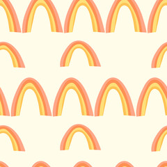 Trendy seamless pattern with colorful rainbow on color background. Design for invitation, poster, card, fabric, textile, fabric. Cute holiday illustration for baby. Doodle style