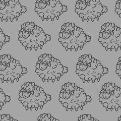 Chalk sheeps pattern. Different chalk drawing sheep print. Crayon animal symbol hand dawn. Wax crayons pastel freehand drawn sheeps on grey background. Fabric, textile texture.