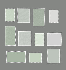 Blank postage stamps template set. Sticky paper stamp with ornament for envelope, letter. Isolated on grey background. Рostage stamps sticker, label, app, mockup post stamp concept.
