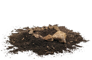 Dirt pile and rocks for campfire isolated on white background, with clipping path, side view