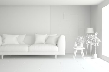 White minimalist living room with sofa. Scandinavian interior design. 3D illustration