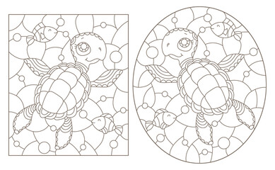 A set of contour illustrations in the style of stained glass with cute cartoon turtles, dark outlines on a white background