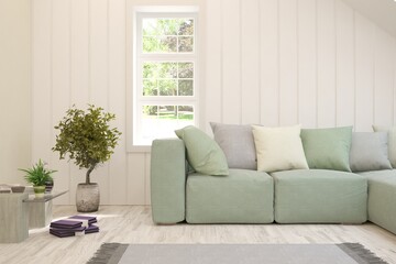 White living room with sofa. Scandinavian interior design. 3D illustration