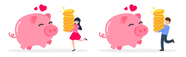 Man and woman carrying a stack of golden money coins to happy pink piggy bank. The creative financial concept of savings. Simple trendy cute cartoon vector illustration. Flat style graphic design.