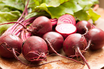 Closeup shot of red striped Chioggia or sweet candy cane beets farm fresh