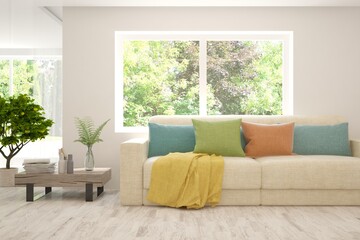 White living room with sofa and summer landscape in window. Scandinavian interior design. 3D illustration