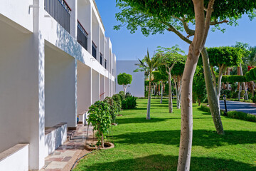 The white wall of the seaside resort with balconies overlooks the green garden. The trimmed trees are illuminated by the morning sun. The concept of vacation, relaxation, personal care.