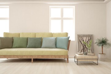 White living room with sofa. Scandinavian interior design. 3D illustration