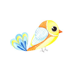 Watercolor cute yellow bird in cartoon style, isolated element on a white background. Illustration for children, fabrics, packaging, toys, posters.