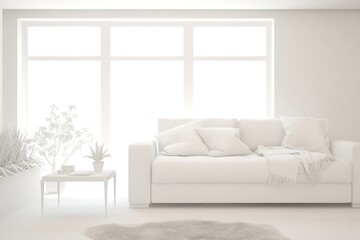Mock up of minimalist living room in white color with sofa. Scandinavian interior design. 3D illustration
