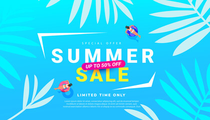 Summer sale promo poster with tropical leaves beach accessories on blue background. Promotion banner for website, flyer and poster. Vector illustration