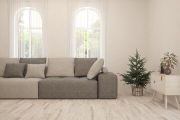 White living room with sofa. Scandinavian interior design. 3D illustration