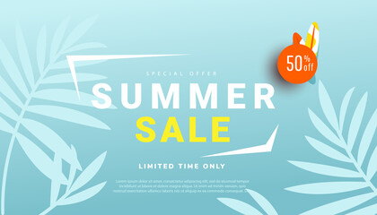 Summer sale vector illustration with tropical leaf background. Promotion banner for website, flyer and poster. Vector illustration