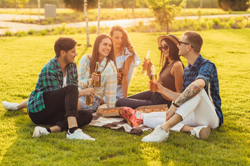 Group of friends having a picnic in the park on a sunny day, drinking beer drinks and eating pizza...