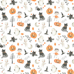 Halloween Watercolor cute digital pattern for kids 