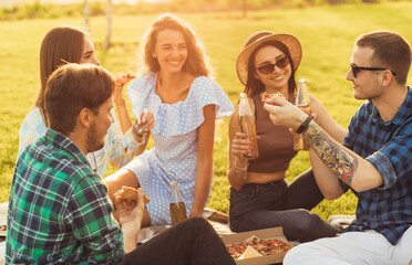 group of friends who make a picnic in nature, eat pizza and drink drinks, Happy people have fun on a picnic in the countryside on the grass