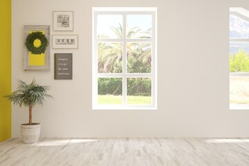 Stylish empty room in white color with summer landscape in window. Scandinavian interior design. 3D illustration